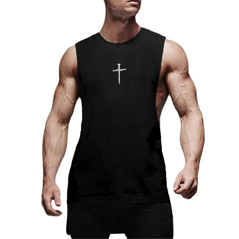 Custom LOGO New Brand Mens Fitness Bodybuilding Oversized Gym Sports Summer Personalized Cross Printed O-neck Workout Vest