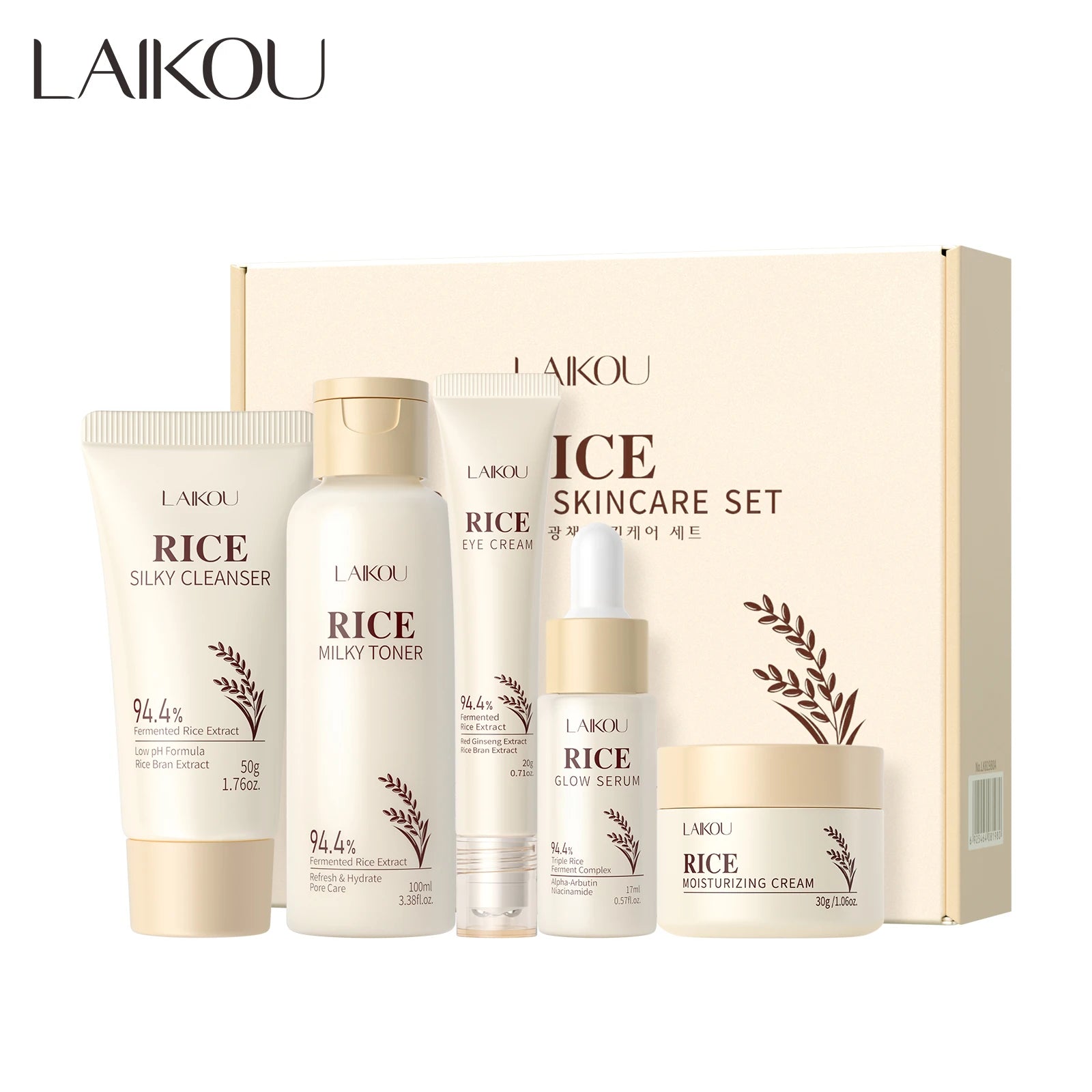 LAIKOU 5PCS Rice Skincare Set Private Label Glow Serum Silk Cleanser Toner Eye Cream Manufacturer for Women