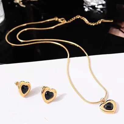 RisingMoon Fashion 316L Stainless Steel Earrings 14K 18K Gold Plated Necklace Black Heart Pendant Set Enamel Jewelry Sets Women