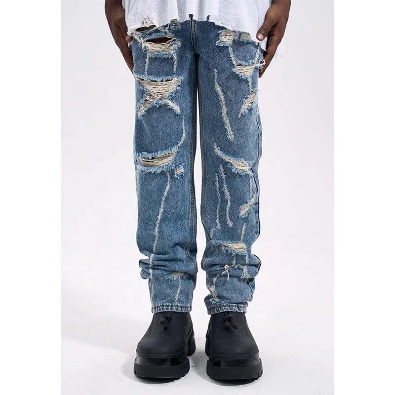 Custom Label  Drop Ship  Stock Street Wear Stock Men Blue Ripped Distressing Denim Jeans