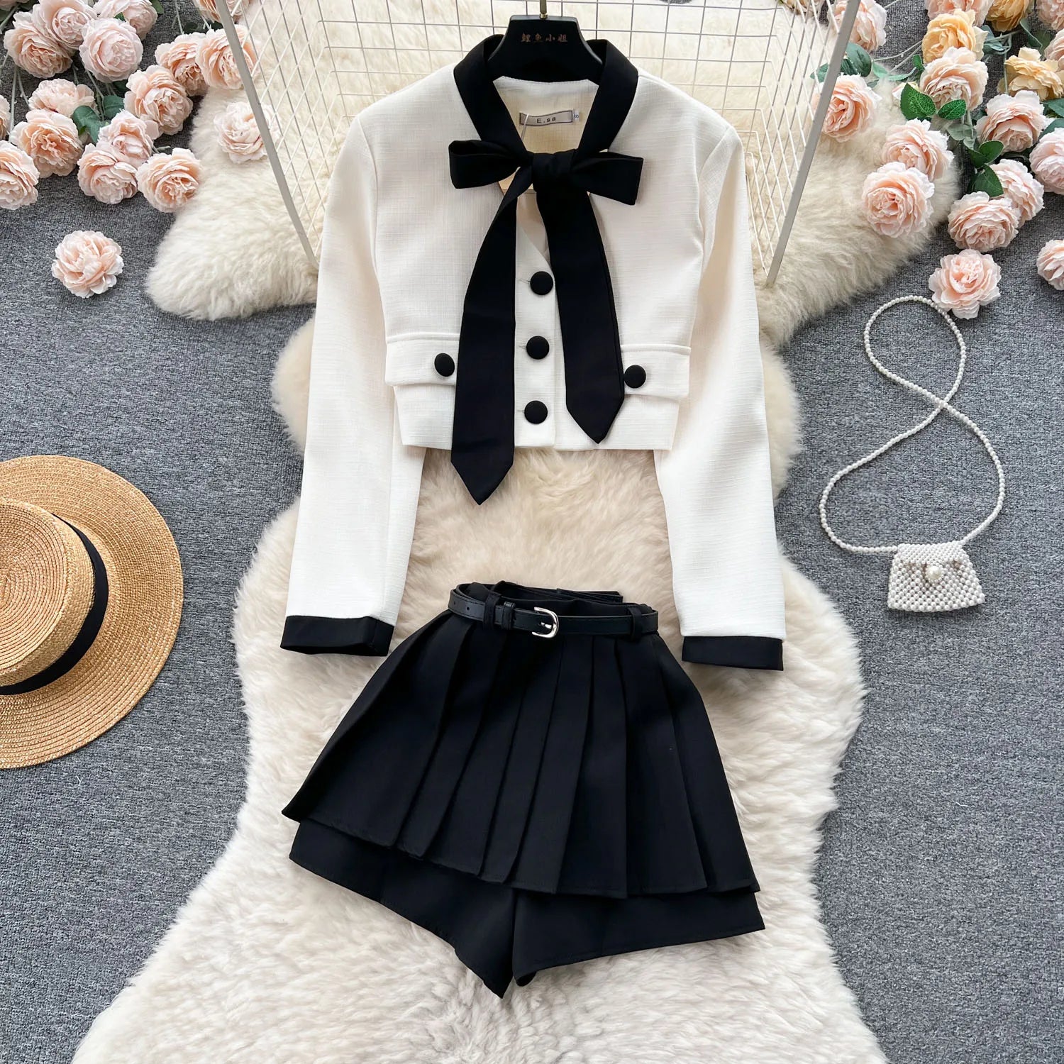 Autumn Romantic 2 Piece Set for Women Bandage Crop Top and High Waist Pleated Dress Set Clothing Wholesale