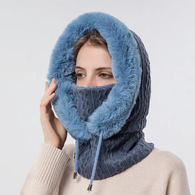 Winter Knitted Fur Hat Mask Set Women Warm Outdoor Ski Windproof Cap Thick Siamese Scarf Collar Thick Plush Hat