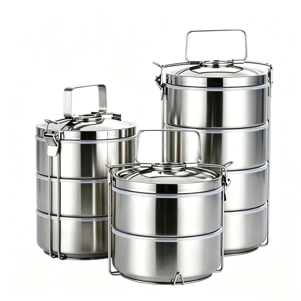 Portable SS410 14cm 16cm 18cm Double Wall Insulated Indian Food Carrier Box Stainless Steel Tiffin Lunch Box with Handle