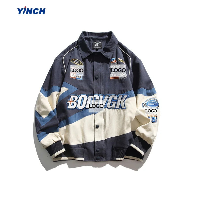 LAYENNE Custom High Quality Turn Down Collar Motorcycle Patchwork Casual Lapel Outcoat Embroidered F1 Race Streetwear