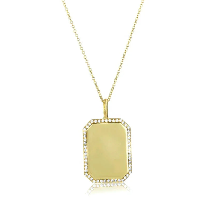 Wholesale S925 Sterling Silver Engravable Rectangle Zircon Nameplate Pendant Necklace