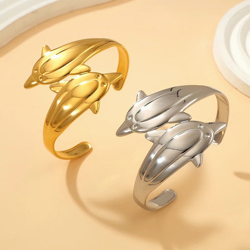 Fashion Unisex Summer Ocean Beach Stainless Steel Wholesale Jewelry Waterproof 18K Gold Plated Dolphin Open Cuff Bangle Bracelet