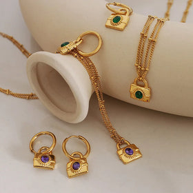 Luxury New Fashion Thick Chain Green Zircon Lock Pendant Stainless Steel Necklace Earrings Jewelry Set for Women