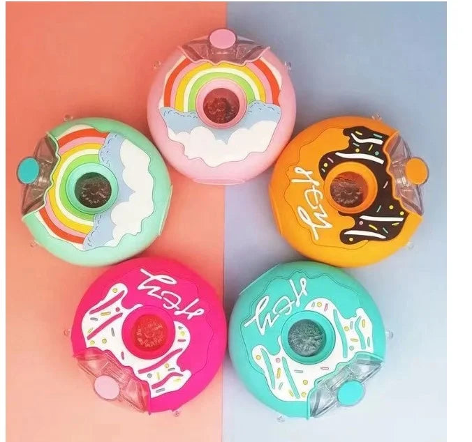 Creative Cute 300ml Plastic Water Bottle Donut-Shaped with Fruit Camera & Ice Cream Decals Direct Drinking Straw & Rope Included