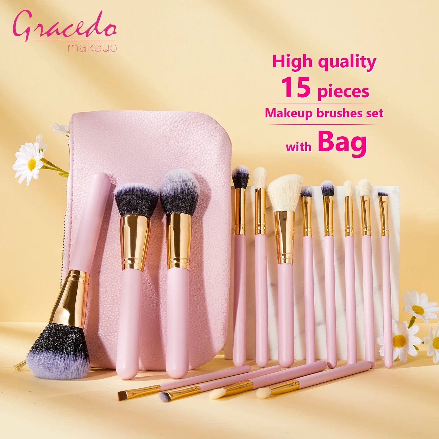 Gracedo RTS Pink 15-Piece Makeup Brush Set Custom Logo Luxury Gift Professional Maquillage Makeup Brush Bag for Face Wholesale