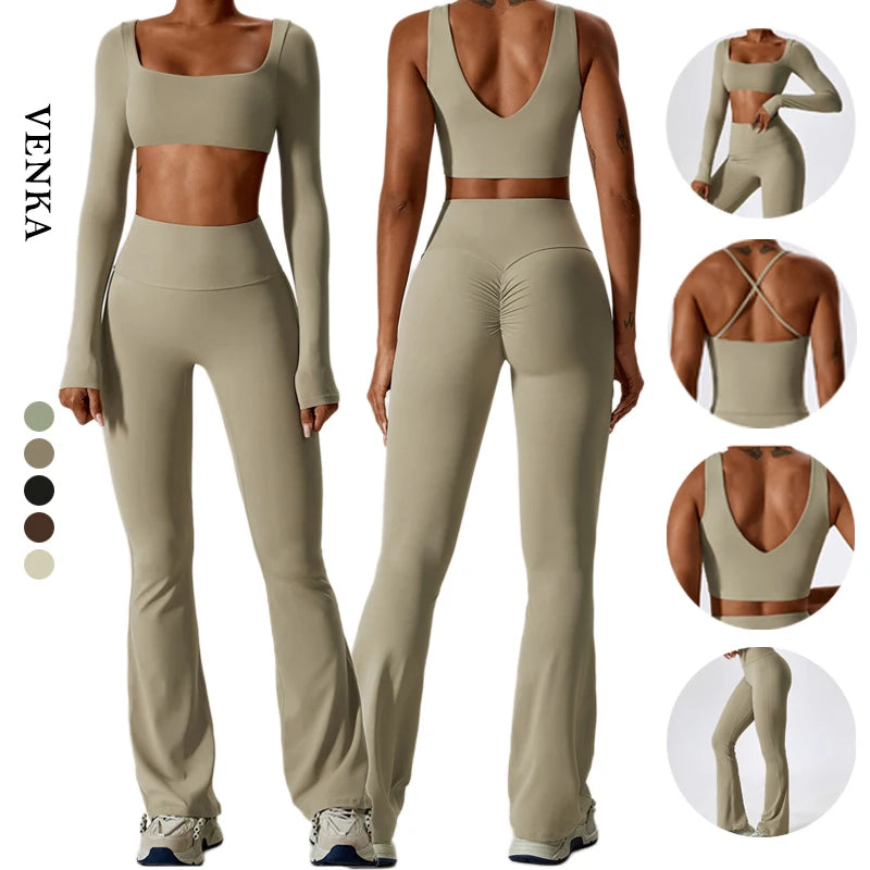 New Design Women Sportswear Long Sleeve Sports Top Bra High Waist Butt Lifting Leggings Suit Gym Fitness Yoga Sets