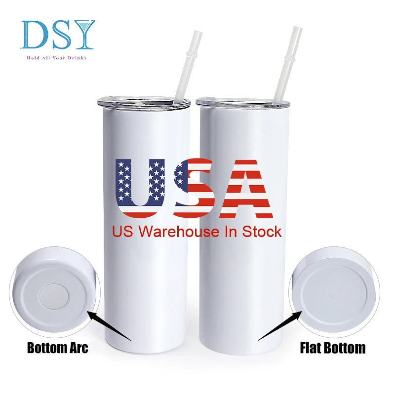 RTS US Warehouse 50PCS/CTN White Sublimation Blanks Stainless Steel Tumbler Straight 20oz Skinny Tumbler With Straw and Lids
