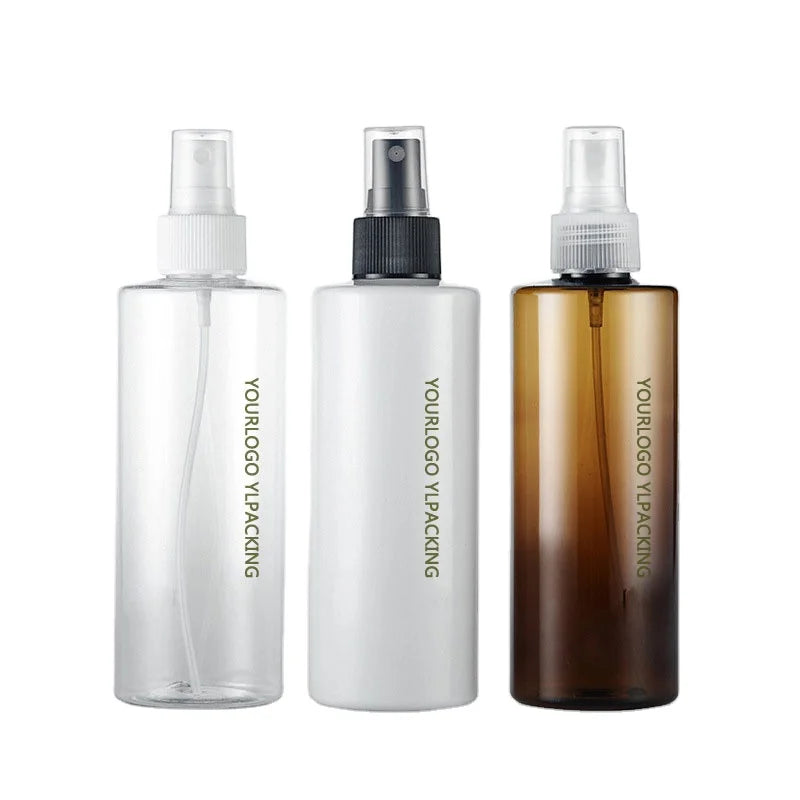 300ml Transparent Amber Flat Shoulder Cylinder PET Plastic Spray Bottle for Cosmetics for Skin Care Serum Lotion Shampoo