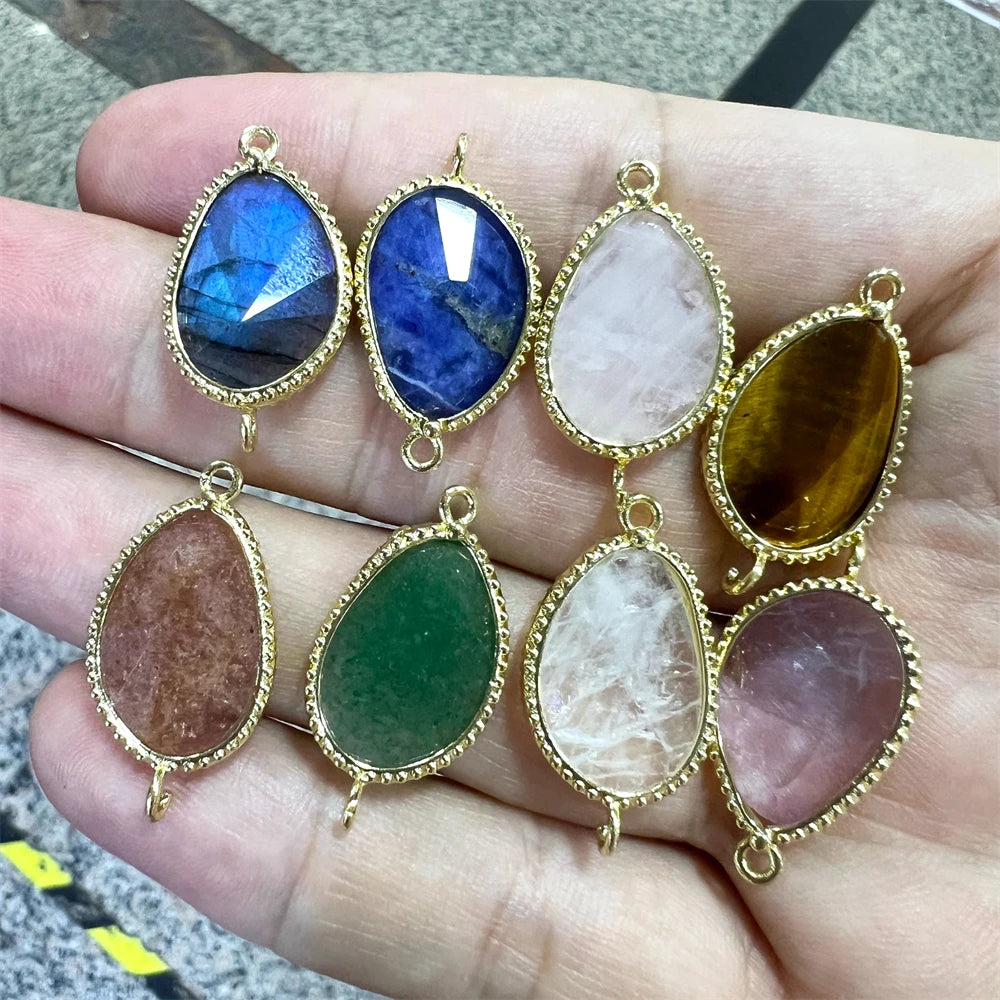 Hot Selling Faceted Cut Irregular Natural Crystal Stone Egg Shape Pendant tiger Eye Amethyst Lapis Connector Necklace Jewelry