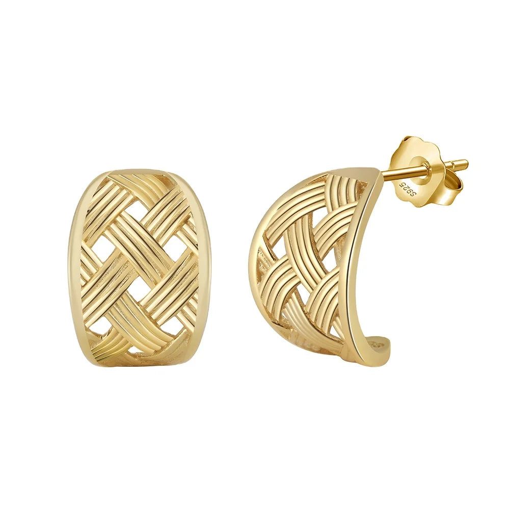 GAE06 925 Sterling Silver Hypoallergenic Women's Gold Plated Jewelry Fashion Chunky Hollow Weaving Stud Earrings