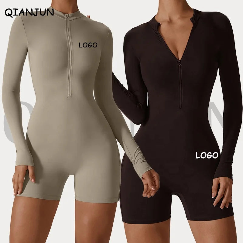 Custom Plus Size Women Long Sleeve Jumpsuit Solid Color Workout Fitness Sports Seamless Tight Yoga One Piece Jumpsuit