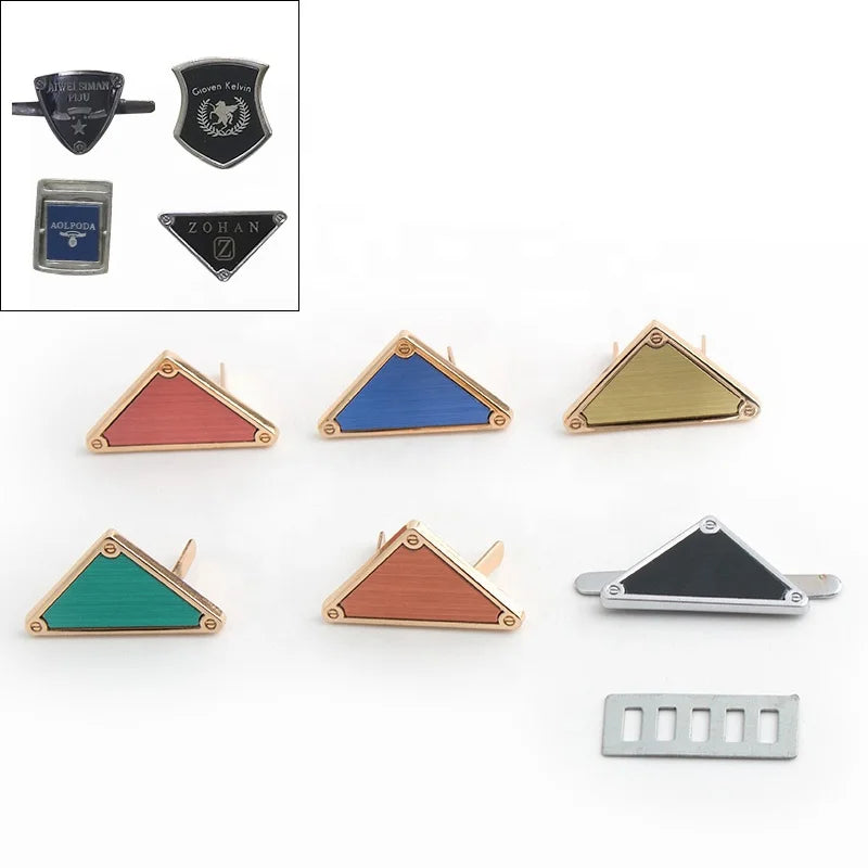 Hot Fashion Bag Accessories Triangle Making Metal Embossed Logo TagCustom Engraved Brand Logo Labels for Handbags