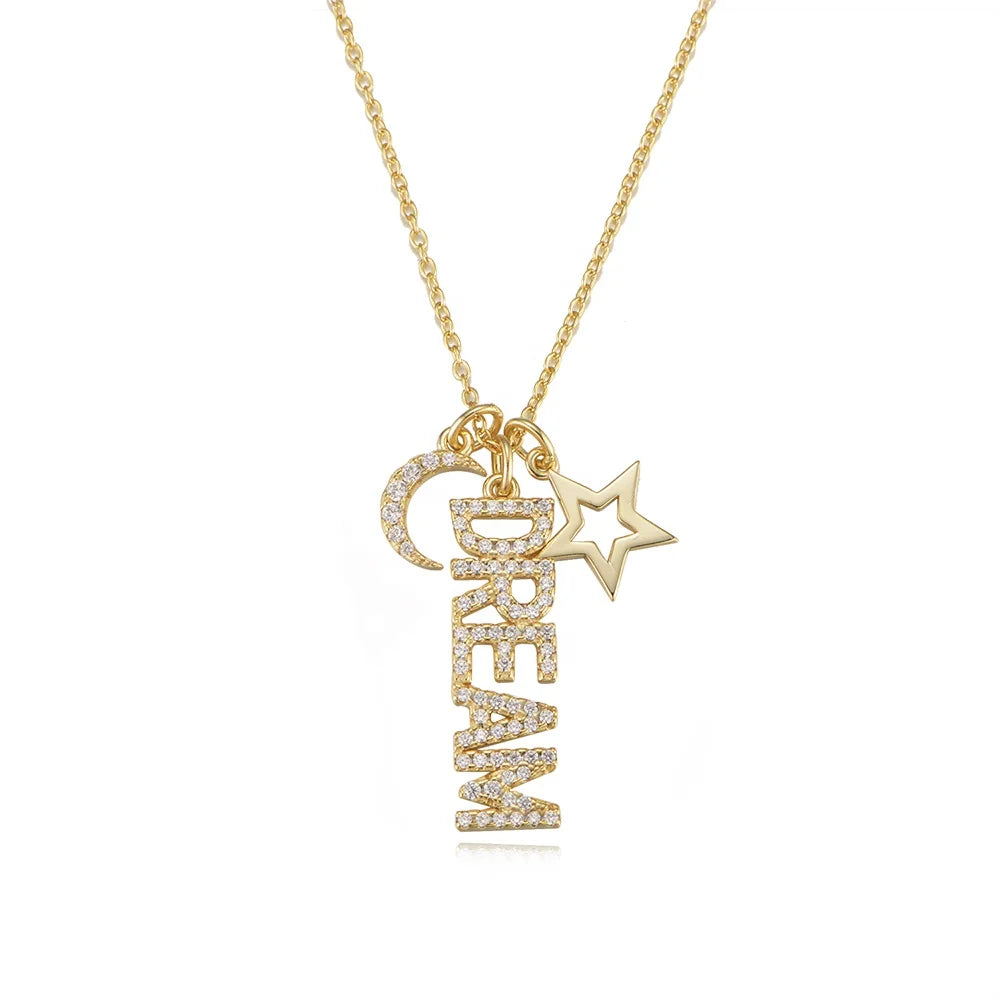 Elegant Trendy Gold & Rhodium Plated Handcrafted 925 Sterling Silver Zircon Moon Star Dream Charm Wedding & Party Necklace