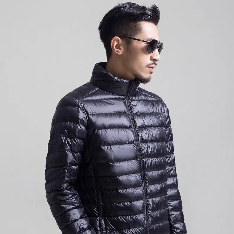 Cold Winter Men's Puffer Jacket Lightweight Shiny Duck Breathable Woolen Fabric Stand Collar Pattern Reversible Design