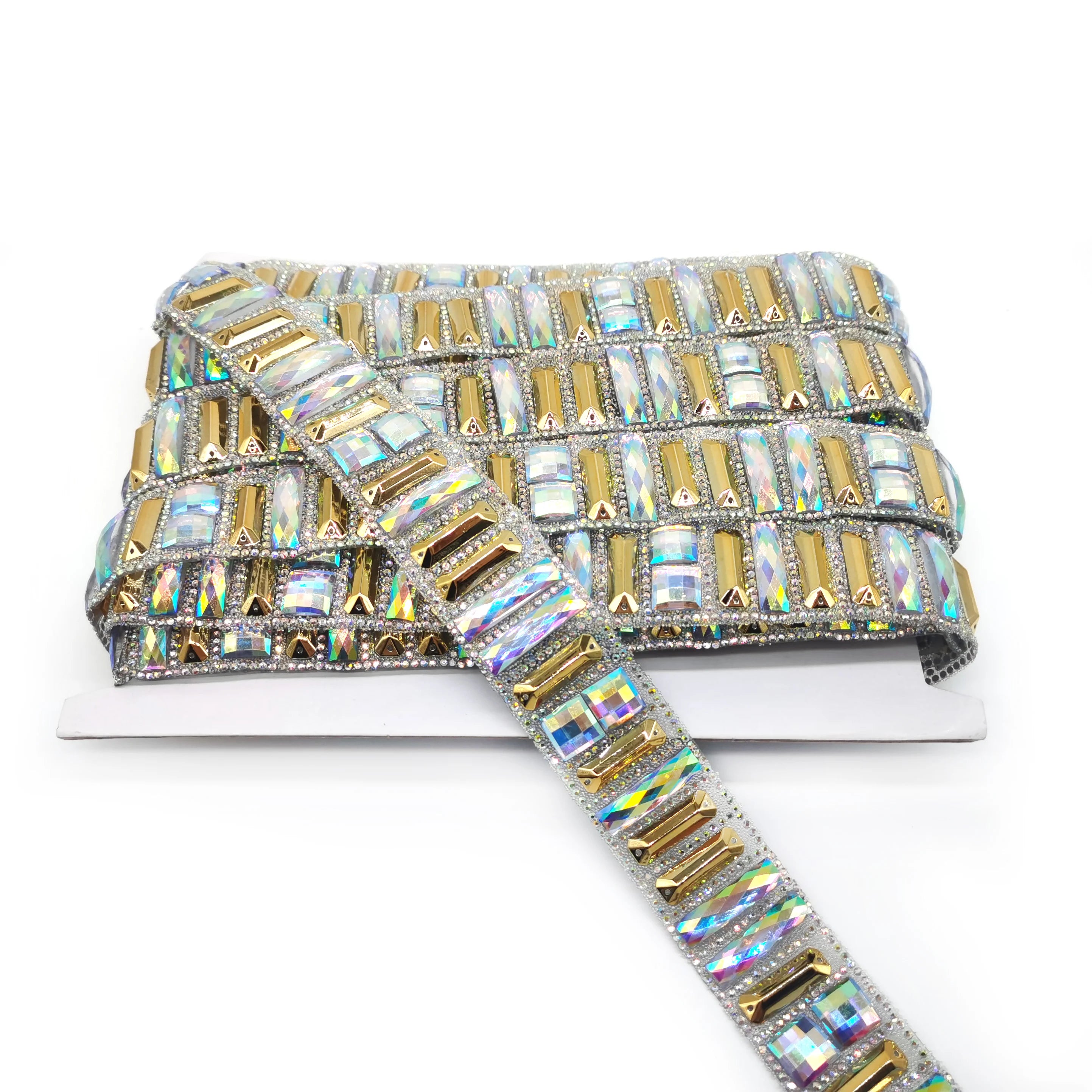 Custom Crystal AB Rectangle Hot Fix Rhinestone Appliques Trim Rhinestone Iron on Trim for Carnival Costume Craft