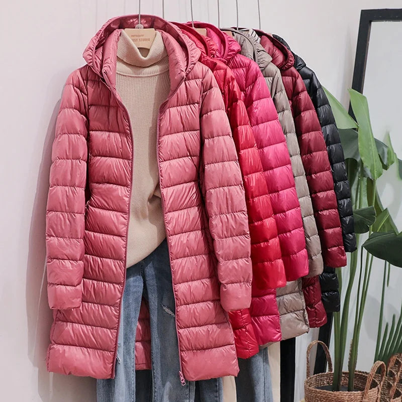 Hot Sell Winter Womens Down Jackets Long Ultra Light Thin Casual Coat Puffer Jacket Slim Remove Hooded Parka