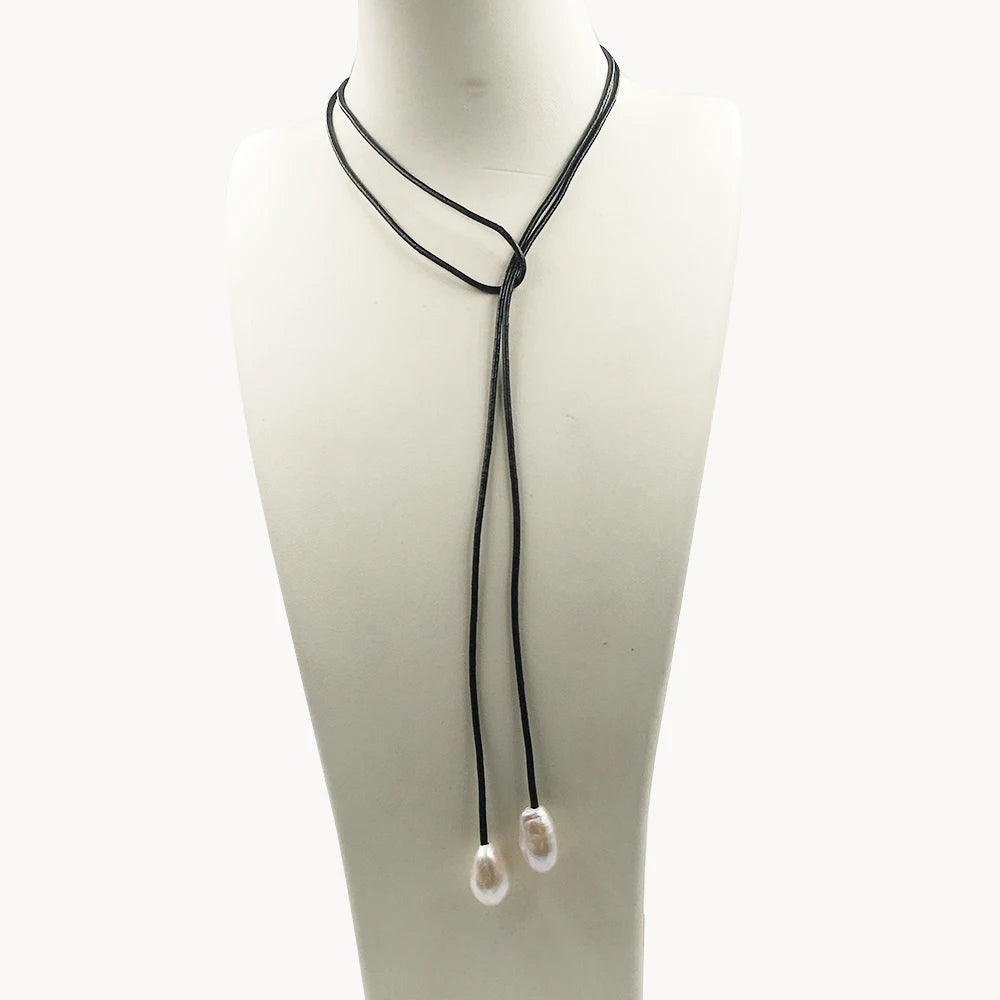 42 Inch  Leather Nature Freshwater PEARL NECKLACE PEARL Long Necklace11-13 mm Keshi Baroque Pearl