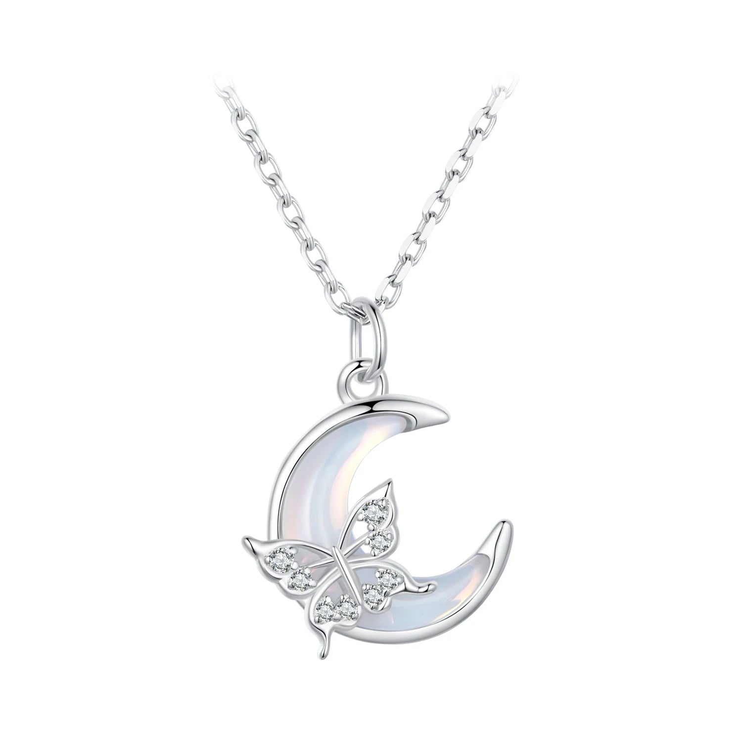 925 Sterling Silver Romantic Moon Pendant Necklace Butterfly Neck Chain Pave Setting CZ for Women Valentine's Day Gift BSN353