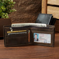 Custom Engraved Vintage Crazy Horse Bifold Genuine Leather Wallet RFID Protected Open Closure Short Polyester Lining Anti-Theft