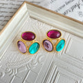 QUSEDINY Vintage Cluster 3 Colors Natural Stone Gold Plated Copper Colorful Amethyst Stud Earrings