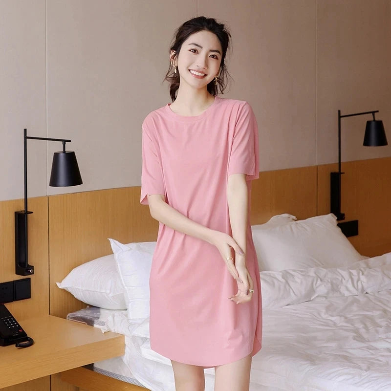 New Summer Solid Nightgown Ice Silk Short Sleeve Loose A-line Dress Lady Casual Sleepwear Dress