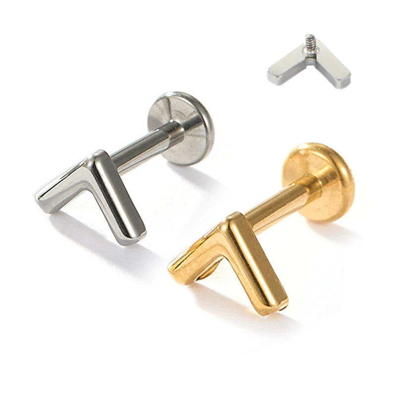 F136 Gold Titanium Vintage V-shaped Letter Triangle Labret Piercing Flat Tragus Cartilage Labret Body Wedding Engagement