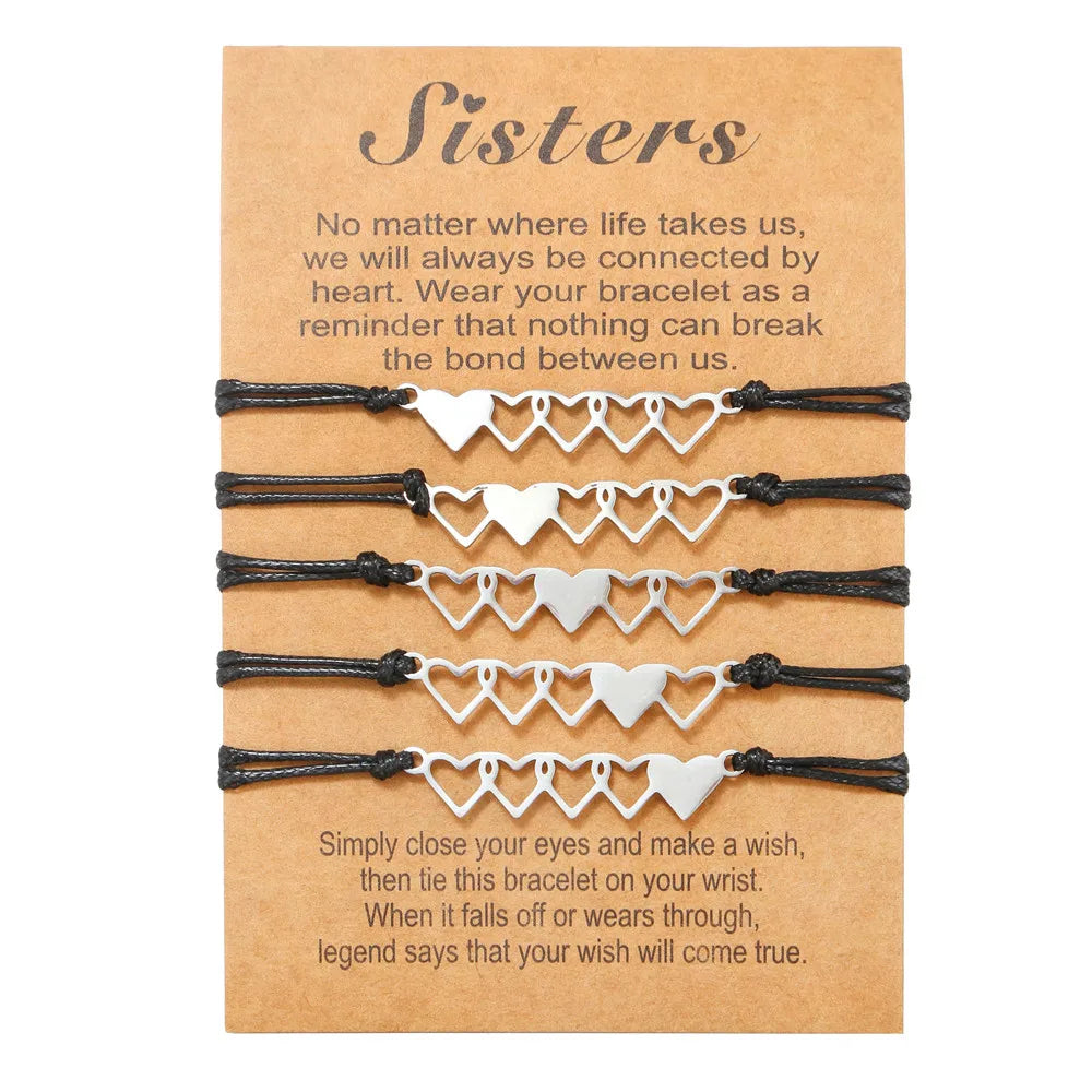 Handmade Mexican Black String Stainless Steel Five-linked Hearts Sister Adjustable Bracelets Bangle for 5 Bracelet Best Friends