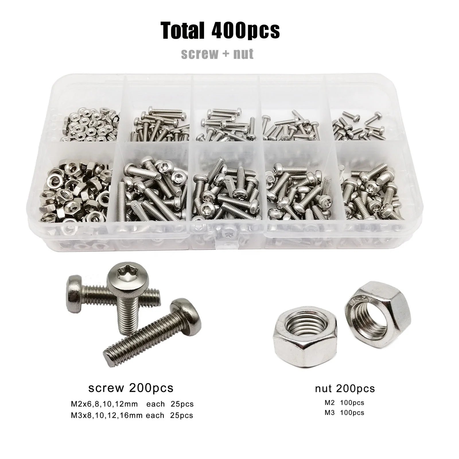 400pcs/box M2 M3 GB2672 304 Stainless Steel Six Lobe Bolt Nut Set Assortment Kit Box Torx Pan Round Head Screw