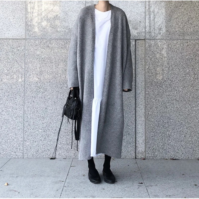 One Size Autumn Winter Korean Casual Long Cardigan Solid Color Loose Knitted Sweaters Coat Women Clothing