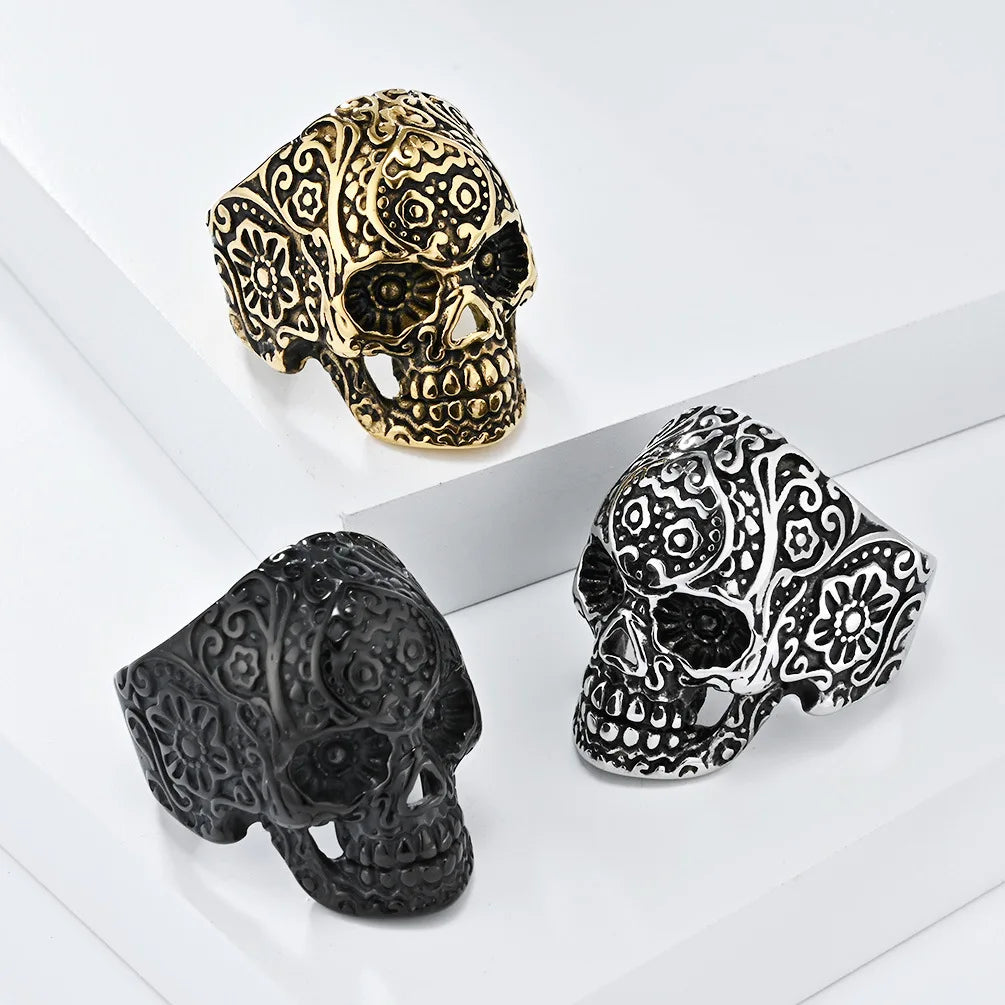 New Fashion Rock Gothic Stainless Steel Ring Creative Design Ghost Head & Geometric Printed Water-Proof & Non-Tarnish Jewelry