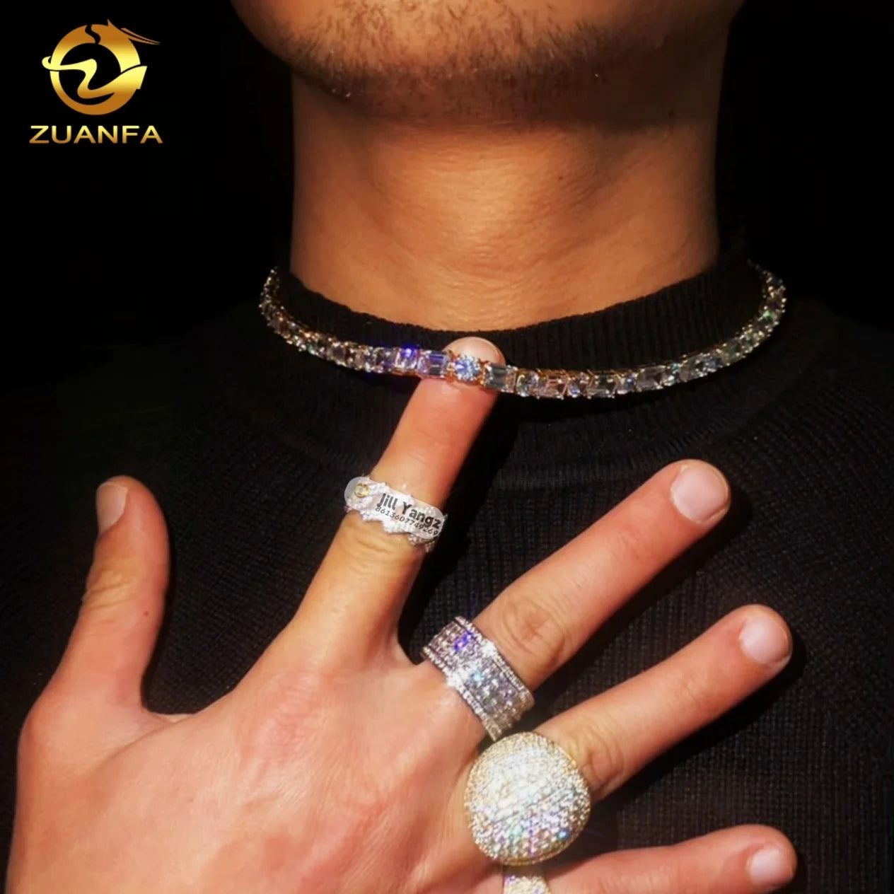 Zuanfa Jewelry Emerald Cut Hip Hop Jewelry 925 Sterling Silver VVS Moissanites Diamond Necklace Moissanite Tennis Chain Rock