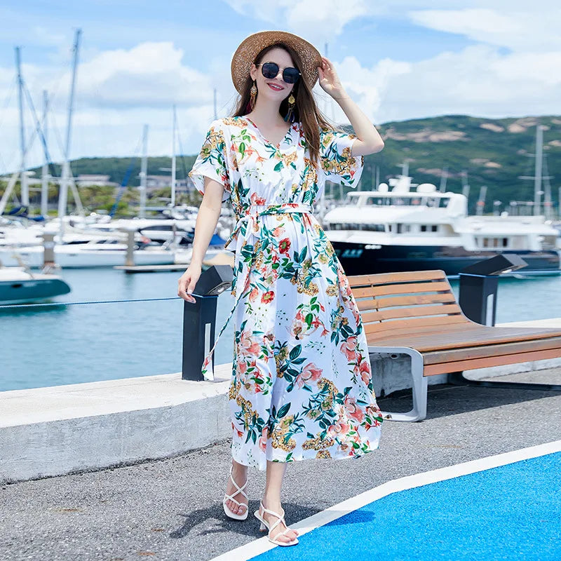 2023 Hot Selling Plus Size Women's Loose Fit Beach Holiday Style Split Print V-Neck Long Dress