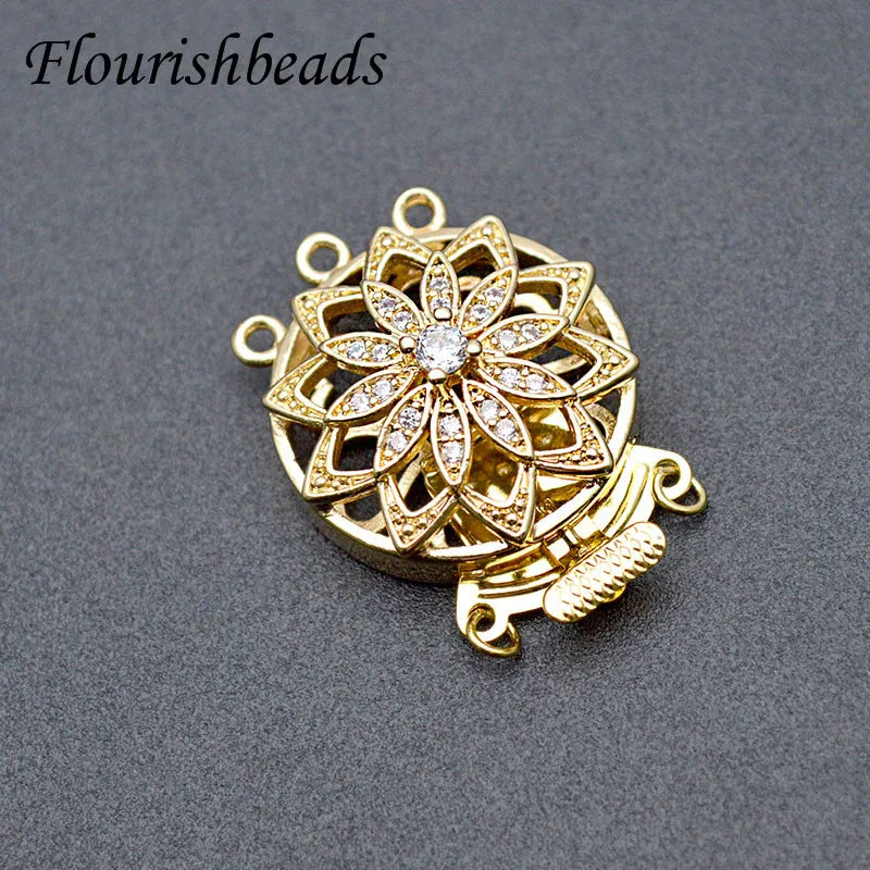High Quality 18K Gold Plated CZ Paved Flower Shape 3 Raw Multi-layer Accessories Insert Clasp Buckle for Necklace Making