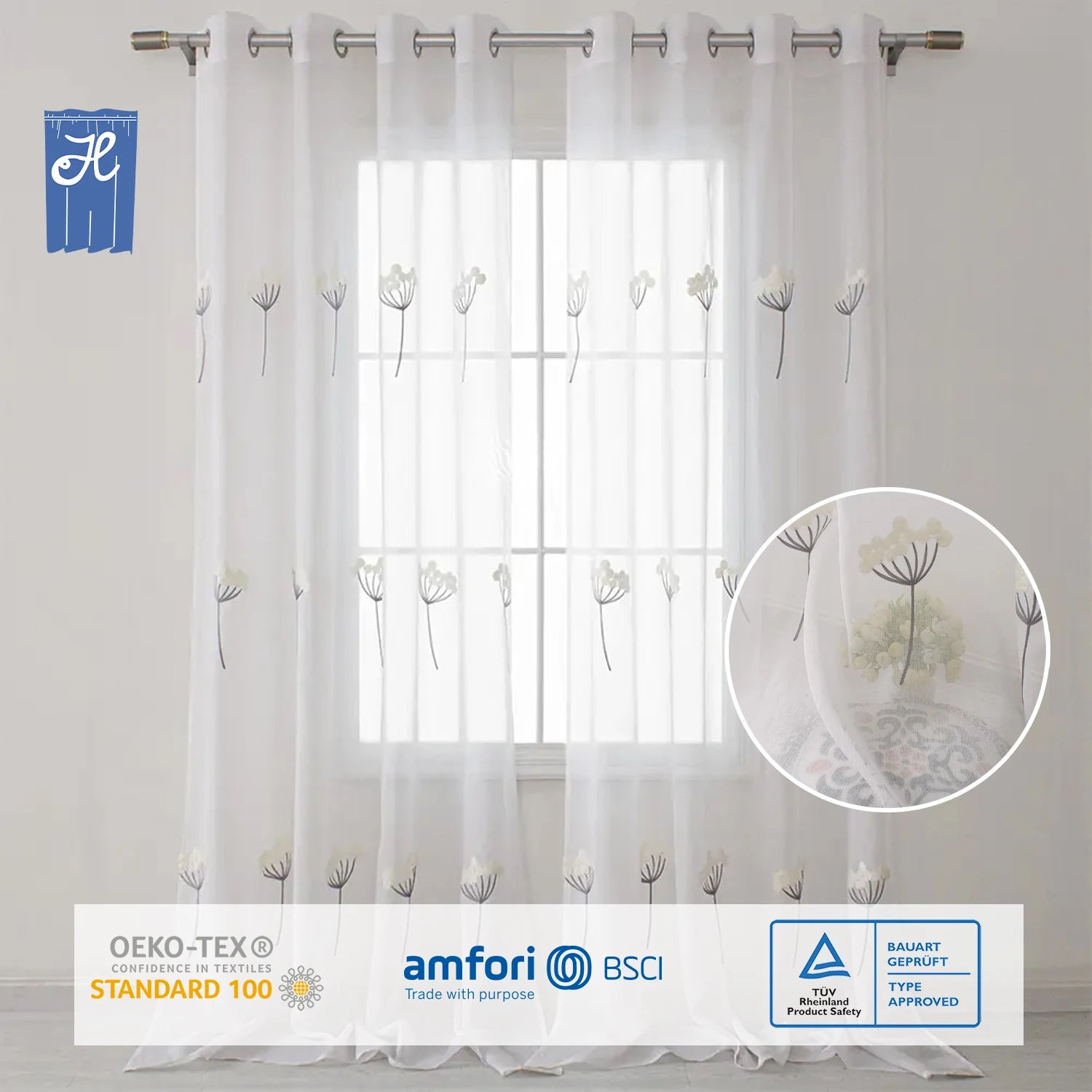 Wholesale White Floral Embroidery Tulle Window Drapes Sheer Embroidered Curtains Rideau Voilage for Living Room With Lace Edge