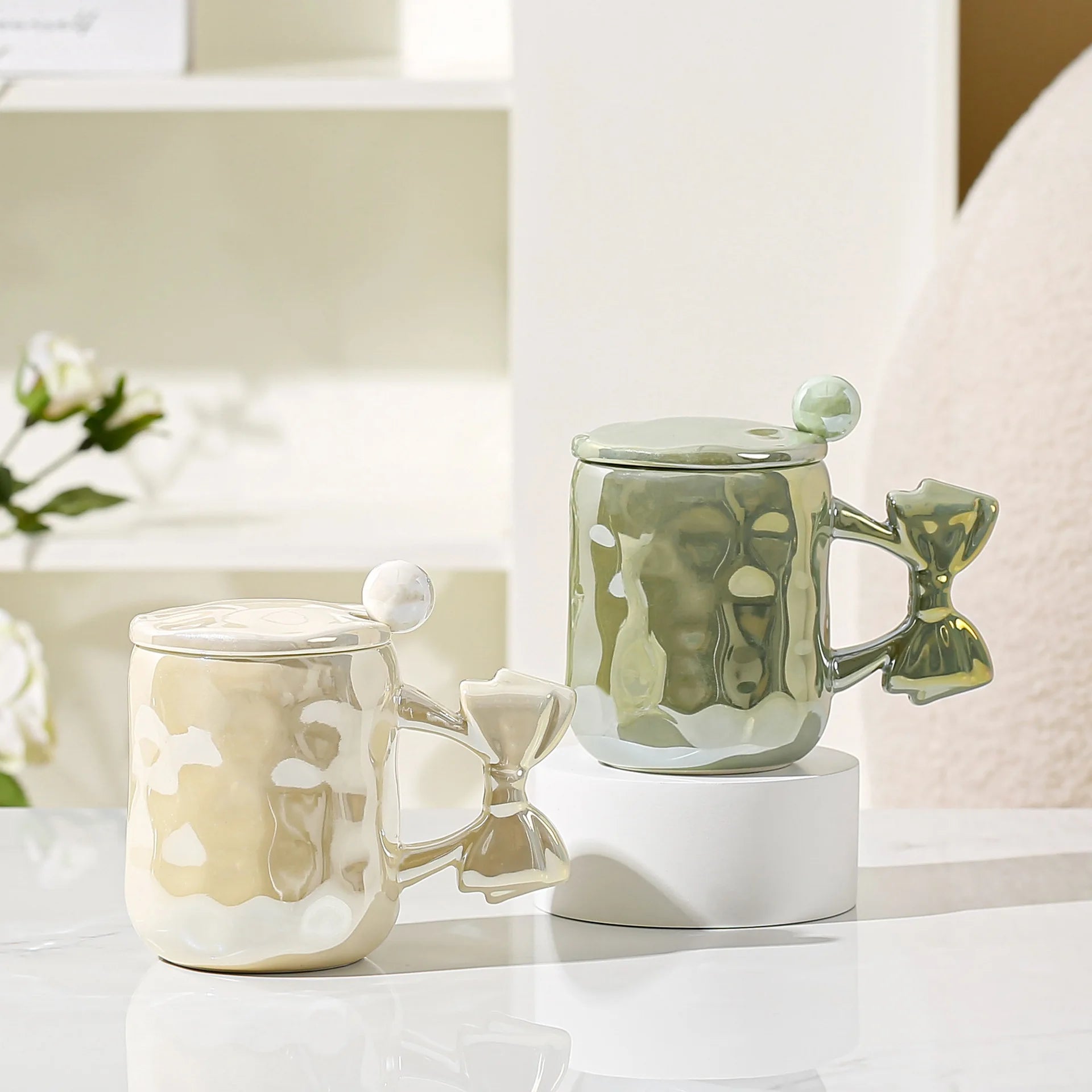 500ml Ceramic Cup Pearl Glaze Mug with Bow Cover Chinese Valentine's Day Gift Cup Gradient Color Portable for Wedding Hand Gift