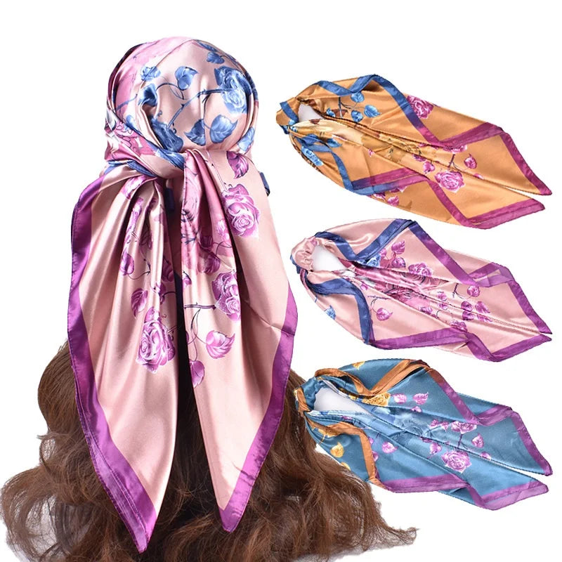 2024 New Arrival Rose Print Imitated Silk Silk Satin 90cm square  Milk Silk Scarf Female Shawl Scarf Fashion Kerchief