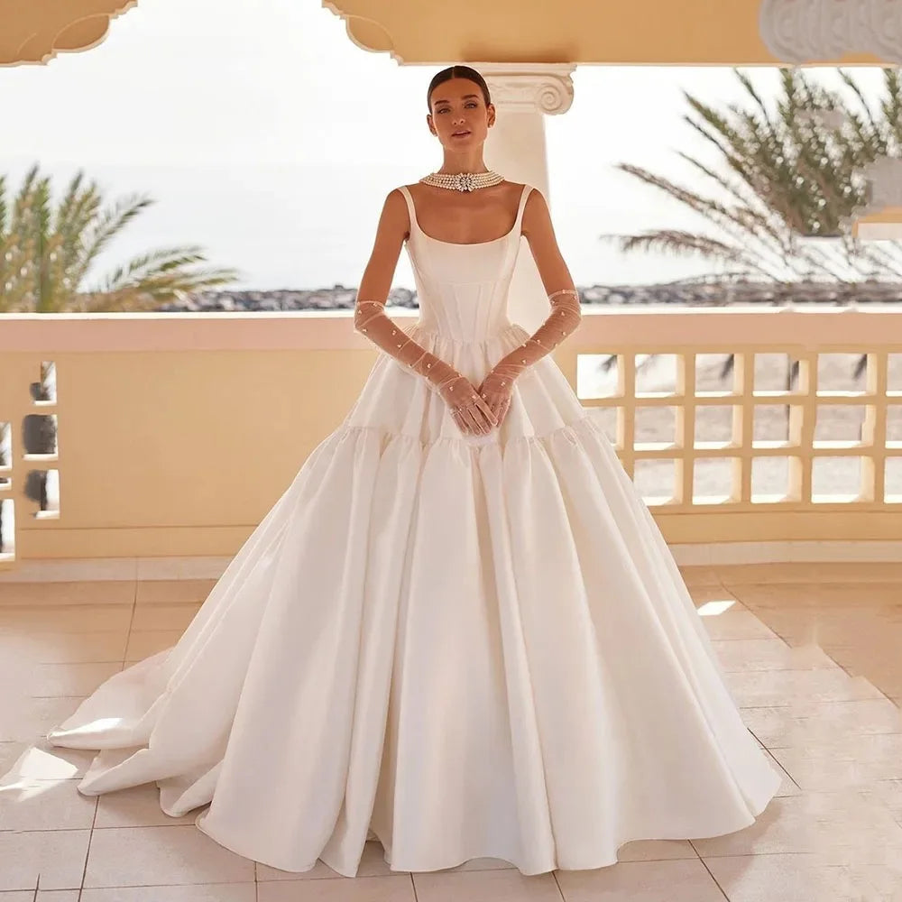 Simple Square Neck Corset Bridal Gowns Long Train Sheath Ball Gown Satin a Line Wedding Dresses