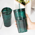 Large Capacity Vertical Striped Water Juice Coffee Drink Cup Embossed Goddess Pink Dark Green Glass Tumbler With Lid and Straw