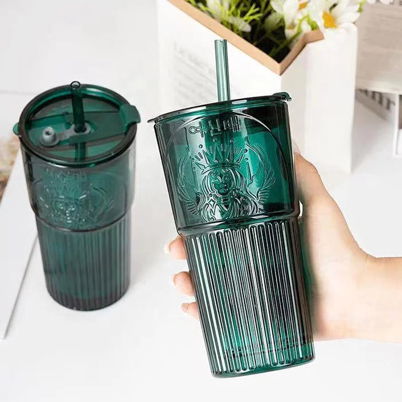 Large Capacity Vertical Striped Water Juice Coffee Drink Cup Embossed Goddess Pink Dark Green Glass Tumbler With Lid and Straw