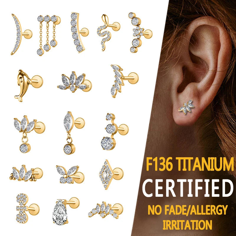 Implant Grade Titanium Tragus Threadless Push-In Threaded Labret Stud Helix Earrings Conch Studs Piercing Jewelry