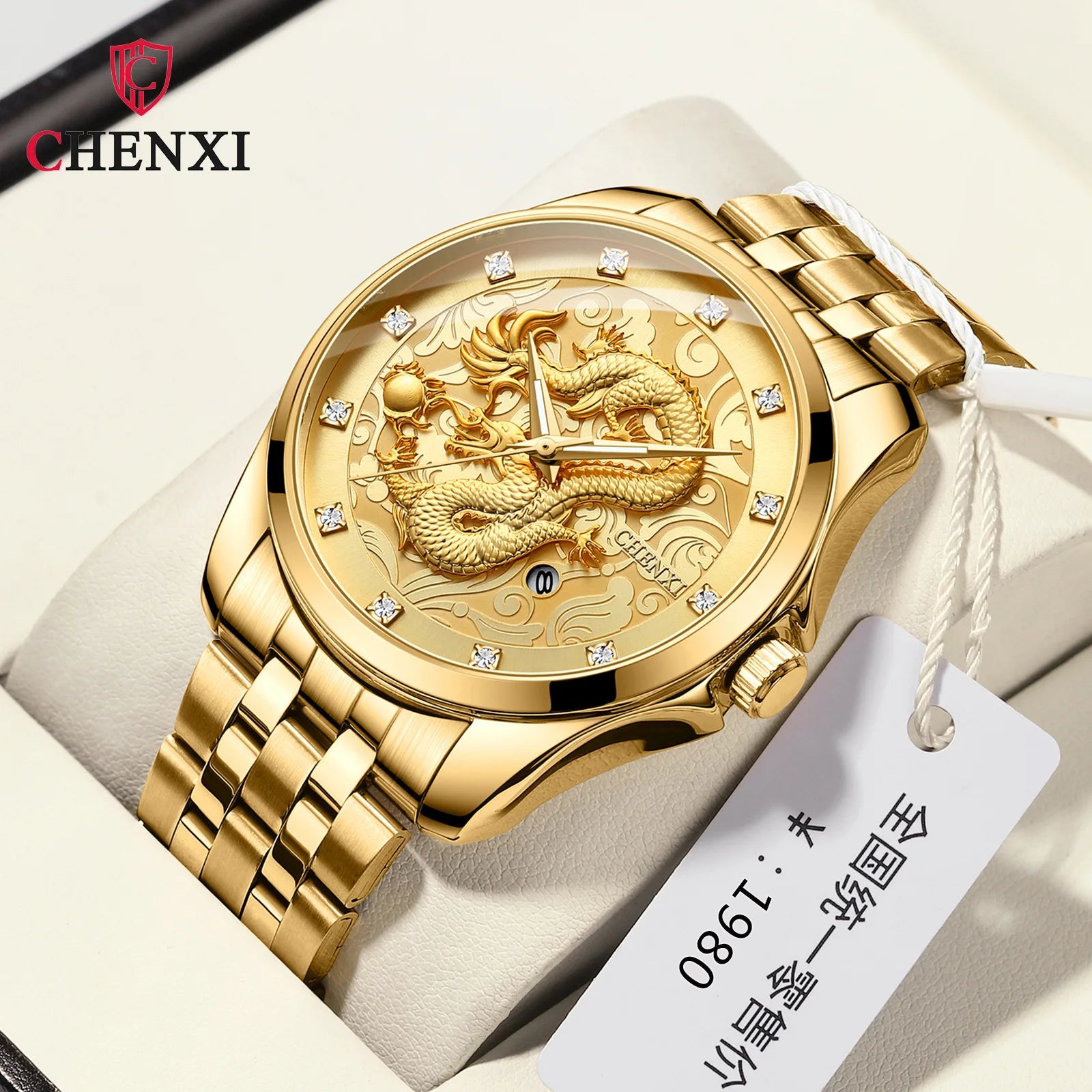 CHENXI Gold Dragon Watch for Men 8220 Stainless Steel Waterproof Quartz Watches Mens Diamond Bracelet Fashion Date Wristwatches