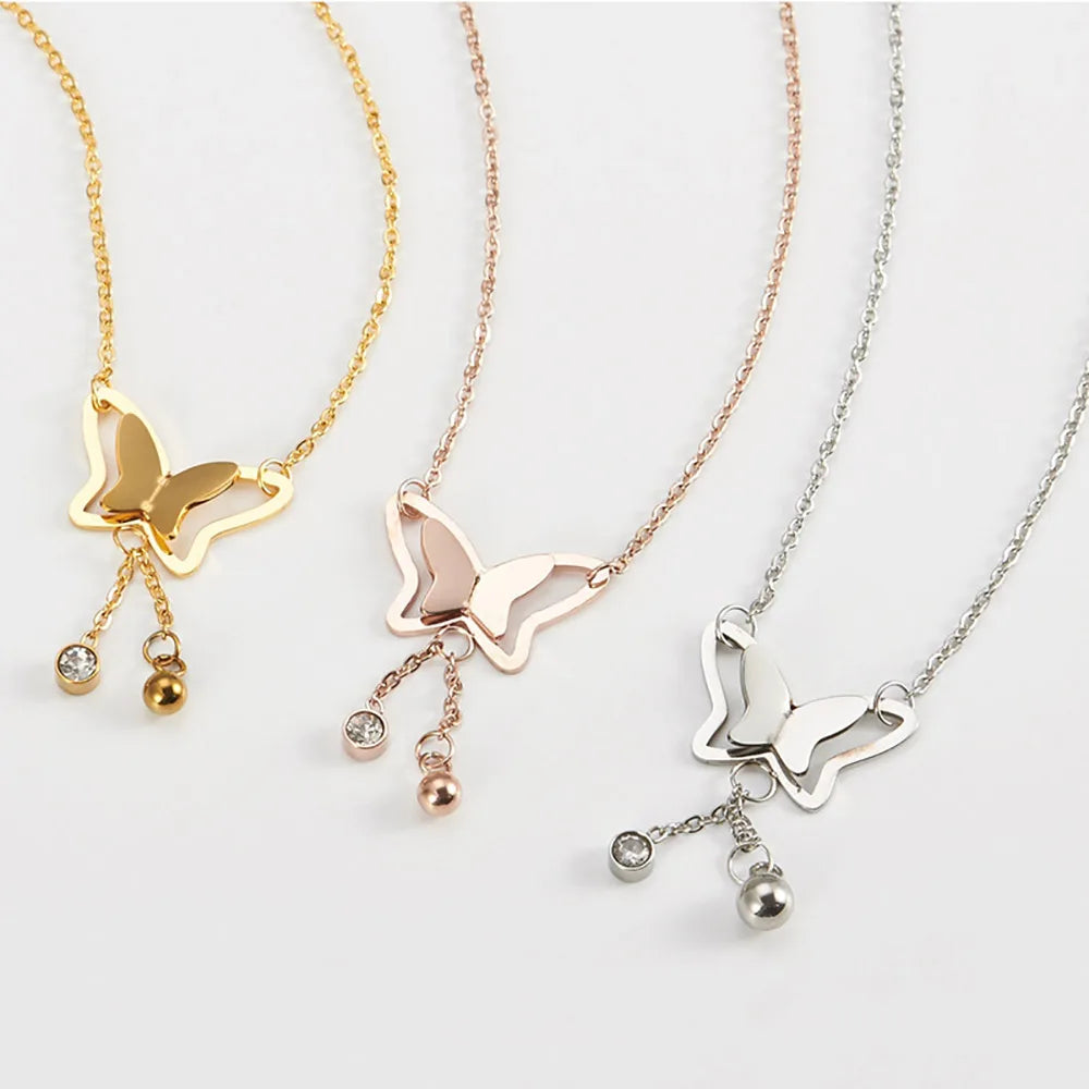 Women Jewelry Gold Plated Tassel Dangling Beads Stainless Steel Choker Necklace Butterfly Pendant Charms