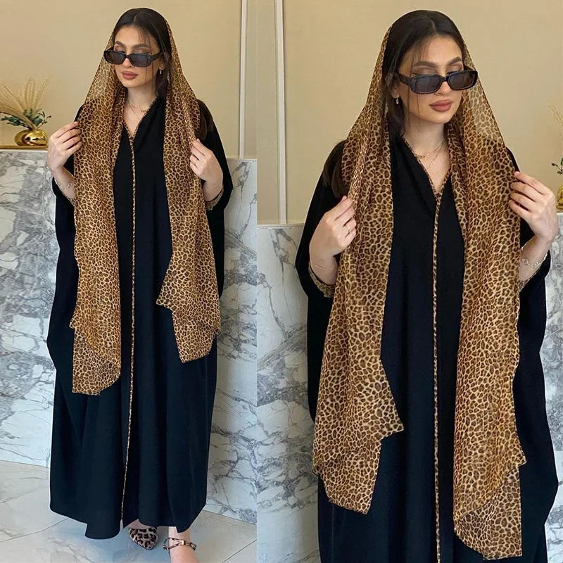 Khimar Hijab Women Clothing Muslim Black Chiffon Open Kimono Casual Leopard Contrast Color Abayas Moroccan African Robe