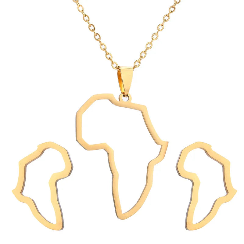 Fashion Stainless Steel Hollow African Map Pendant Necklace Earrings for Dubai Gold Jewelry Set for Women