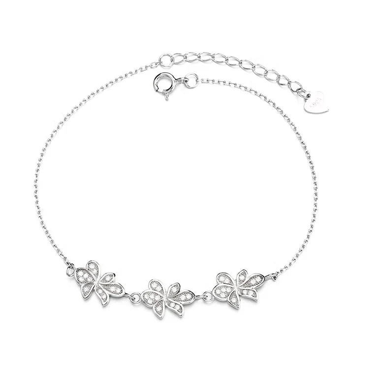 Wholesale Sterling Silver 925 Flower Bracelet Butterfly Charm Link Chain Bracelet for Women