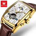 OLVES  6675  Waterproof Custom Luxury Skeleton Mens Watch Moonphase Leather Watch Classics Men Wrist Wach for Man Wrist Watch
